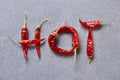 top view of chili peppers arranged in hot lettering