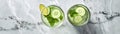 Top View Chilled Cucumberinfused Water On Marble. Banner For Web. Generative AI