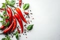 Top view of chilli peppers, leaves and peppercorns on white plaster background Royalty Free Stock Photo