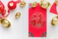 Top view Chinese New year red envelope packet ang pow with gol