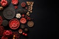 Top view Chinese New year symbols, flat lay copy space