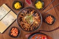 Top view Chinese noodle with kimchi and seafood. Korean cuisine. Asian food. Traditional korean cuisine set. Royalty Free Stock Photo