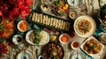 Top view. Chinese restaurant concept. Asian style banquet. Ai Generative