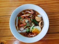 Top view of chinese roll noodle soup with crispy pork Royalty Free Stock Photo