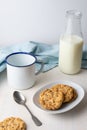 Top view of chocolate chip cookies, with plate, milk bottle, cup, spoon and dishcloth on white background Royalty Free Stock Photo