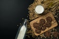 Top view of the chocolate chip cookies on the wooden tray Royalty Free Stock Photo