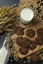 Top view of the chocolate chip cookies on the wooden tray Royalty Free Stock Photo