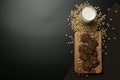 Top view of the chocolate chip cookies on the wooden tray Royalty Free Stock Photo