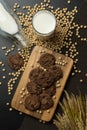 Top view of the chocolate chip cookies on the wooden tray Royalty Free Stock Photo