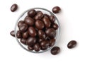 Top view of chocolate covered peanuts in glass bowl Royalty Free Stock Photo