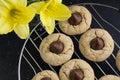 Top view of chocolate peanut blossom cookies with chocolate candy kiss Royalty Free Stock Photo