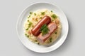 Top View Choucroute Garnie On White Round Plate On White Background. Generative AI