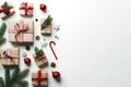 Top view Christmas arrangement with copy space. Gifts with red ribbon. Royalty Free Stock Photo