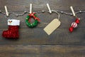Top view Christmas decoration and jewelry clothesline on wood Royalty Free Stock Photo