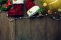 Top view Christmas decoration,jewelry clothesline on wooden ta Royalty Free Stock Photo