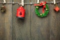 Top view Christmas decoration,lamp and jewelry clothesline on Royalty Free Stock Photo