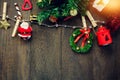 Top view Christmas decoration,lamp and jewelry clothesline on Royalty Free Stock Photo