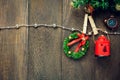 Top view Christmas decoration,lamp and jewelry clothesline on Royalty Free Stock Photo