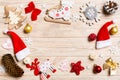 Top view of Christmas decorations and toys on wooden background. Copy space. Empty place for your design. New Year concept Royalty Free Stock Photo