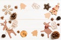 Top view of Christmas decorations and toys on wooden background. Copy space. Empty place for your design. New Year concept Royalty Free Stock Photo