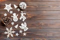 Top view of Christmas decorations and toys on wooden background. Copy space. Empty place for your design. New Year concept Royalty Free Stock Photo