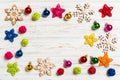 Top view of Christmas decorations and toys on wooden background. Copy space. Empty place for your design. New Year concept Royalty Free Stock Photo