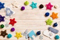 Top view of Christmas decorations and toys on wooden background. Copy space. Empty place for your design. New Year concept Royalty Free Stock Photo