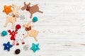 Top view of Christmas decorations and toys on wooden background. Copy space. Empty place for your design. New Year concept Royalty Free Stock Photo