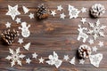 Top view of Christmas decorations and toys on wooden background. Copy space. Empty place for your design. New Year concept Royalty Free Stock Photo