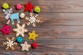 Top view of Christmas decorations and toys on wooden background. Copy space. Empty place for your design. New Year concept Royalty Free Stock Photo