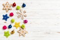 Top view of Christmas decorations and toys on wooden background. Copy space. Empty place for your design. New Year concept Royalty Free Stock Photo