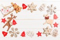 Top view of Christmas decorations and toys on wooden background. Copy space. Empty place for your design. New Year concept Royalty Free Stock Photo