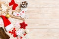 Top view of Christmas decorations and toys on wooden background. Copy space. Empty place for your design. New Year concept Royalty Free Stock Photo