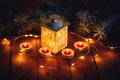 Top view of Christmas lantern with four candles Royalty Free Stock Photo