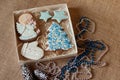 Top view on christmas set of gingerbread in shape of angel, holiday tree, stars