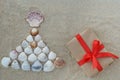 Top view of christmas tree made from sea shells and wrapped giftbox with red ribbon on light sand background, Royalty Free Stock Photo