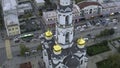 Top view of church in city center. Stock footage. Beautiful architecture of temple or church in center of busy city Royalty Free Stock Photo