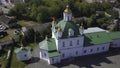 Top view of church with green roof. Clip. Beautiful white church with green roof and golden domes. Green Christian Royalty Free Stock Photo