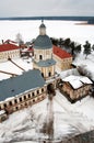 Top view of church at winter with snow