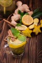 Top view of the cinnamon tea cup on a dark wooden background. A sweet tea cup with carambola, cut lemon, mint leaves and cinnamon.