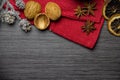 Top view cinnamon, walnut and Clementine. Christmas spices on a table. Christmas Background with copy space for text Royalty Free Stock Photo