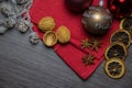 Top view cinnamon, walnut and Clementine. Christmas spices on a table. Merry Christmas bauble on a Background with copy space Royalty Free Stock Photo
