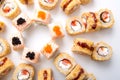 Top view on japanese sushi rolls,maki on white background