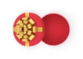 Top view circled empty wrapped red luxury gift box decorated by golden bow ribbon 3d vector Royalty Free Stock Photo