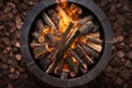 top view of a circular fire pit with burning logs