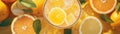 Top View Citrusy Orange Juice With Ice Cubes. Banner For Web. Generative AI