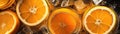 Top View Citrusy Orange Juice With Ice Cubes. Banner For Web. Generative AI