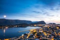 Top view of the city of Alesund at sunset. Royalty Free Stock Photo