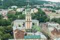 Top view from city hall tower on old high catholic cathedral tower in Lviv city, Ukraine Royalty Free Stock Photo