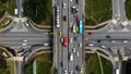 Top view of a city intersection with buses, cars, trucks. Traffic at daytime, roadcross in the megapolis. Going forward Royalty Free Stock Photo